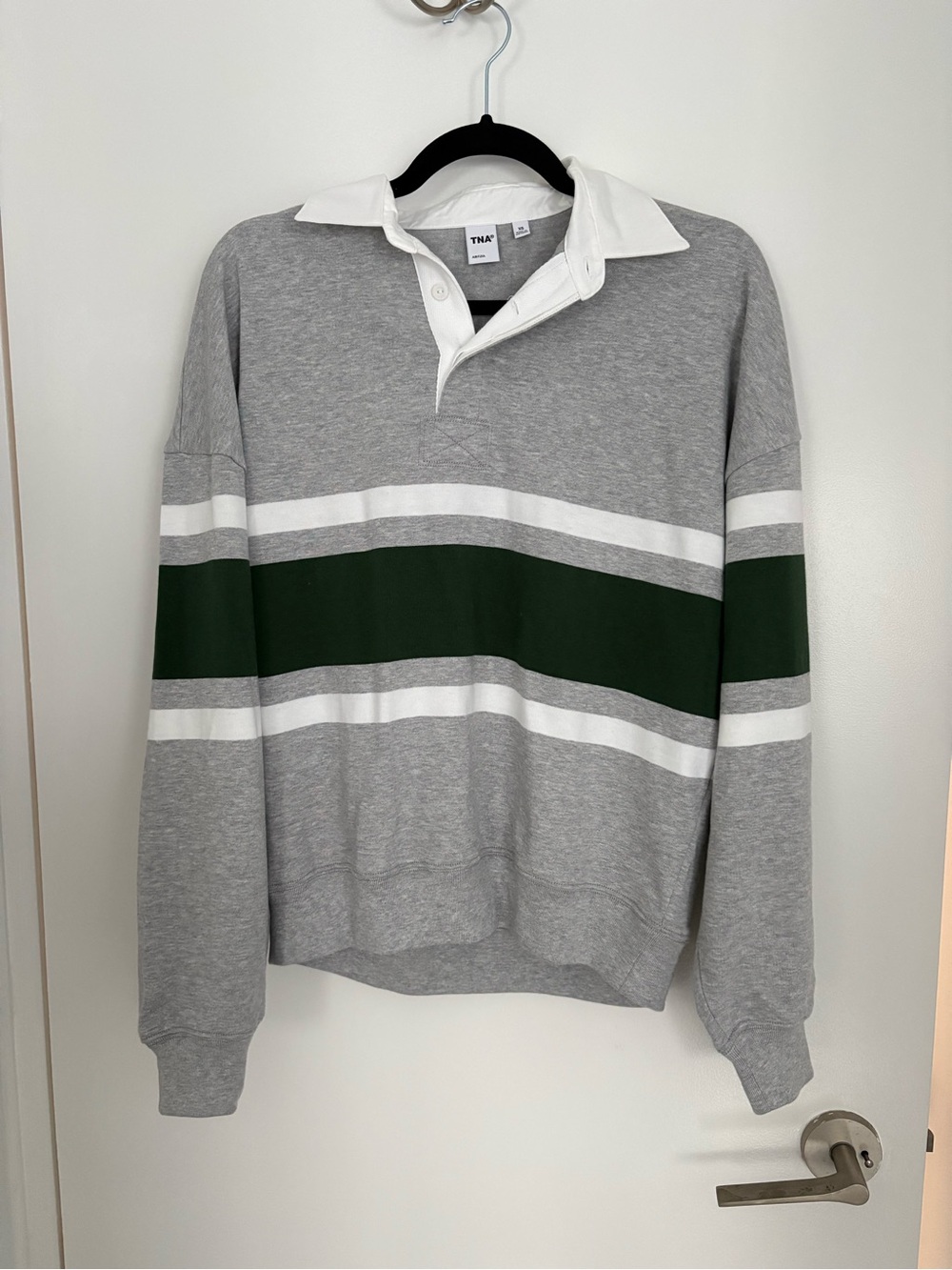 TNA Gray V-Neck Rugby Sweater with Dark Green and White Stripes